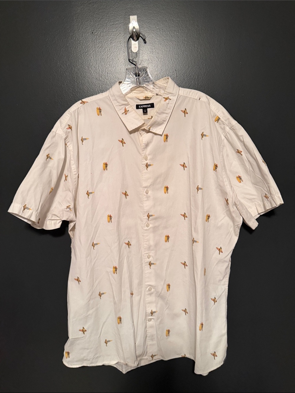Express Cream Short Sleeve Button-Up Shirt with Yellow Bird Print